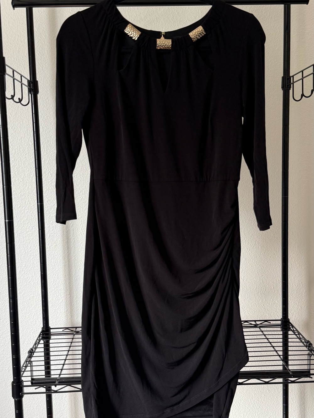 Thalia Sodi Black Long-Sleeve Dress with Gold Neck Detail